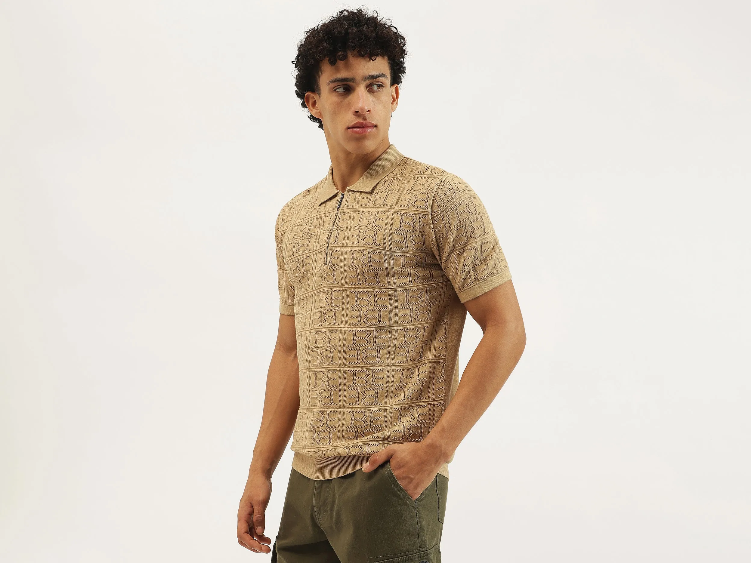 Regular Fit Polo Neck Textured T-shirt