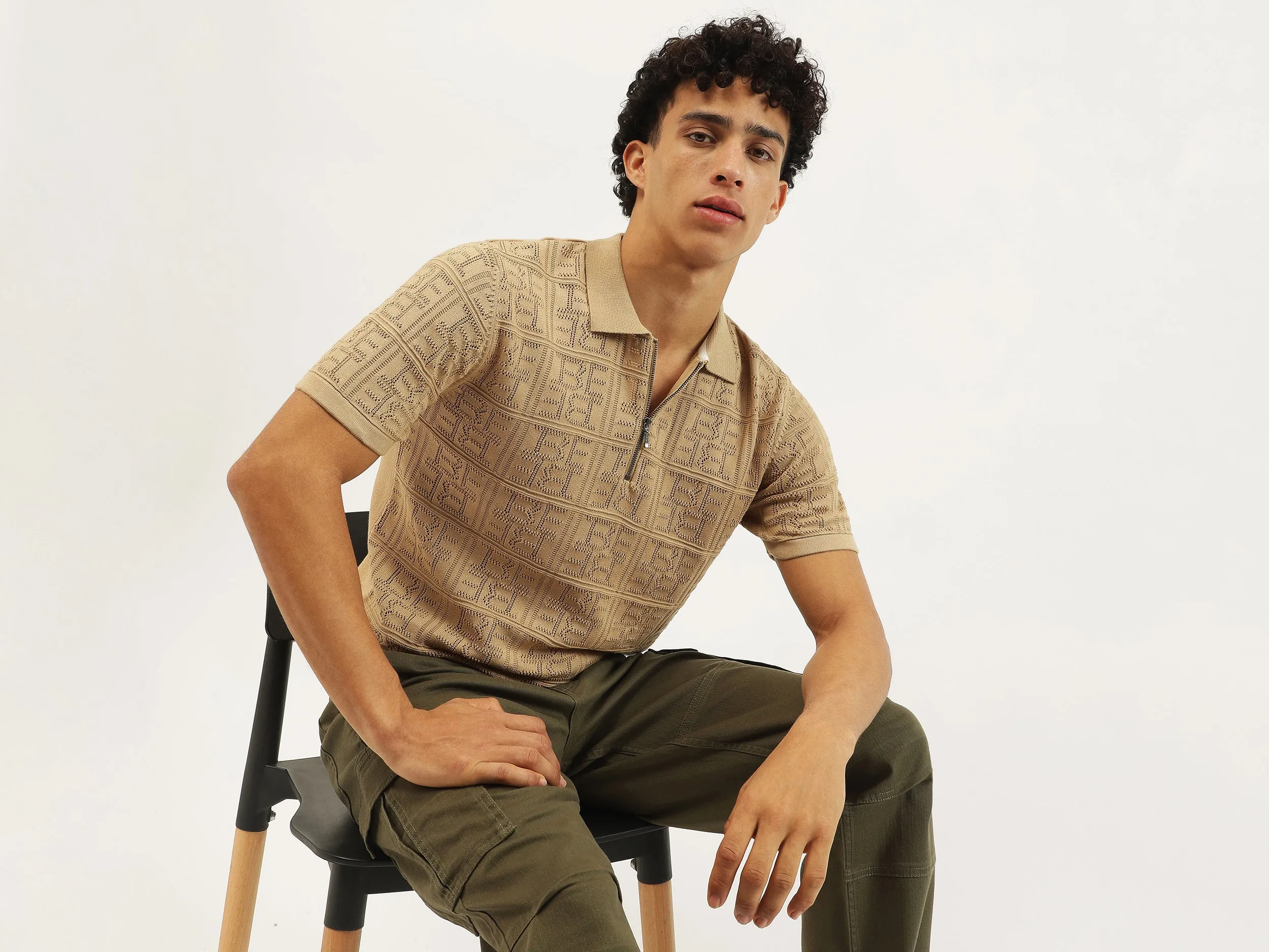 Regular Fit Polo Neck Textured T-shirt