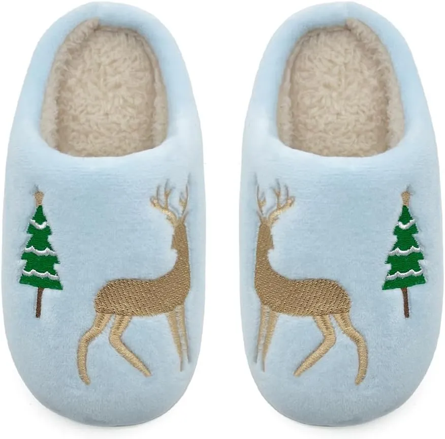 Reindeer Slippers for Women & Men - Memory Foam, Fuzzy Indoor Comfy Holiday & Slippers