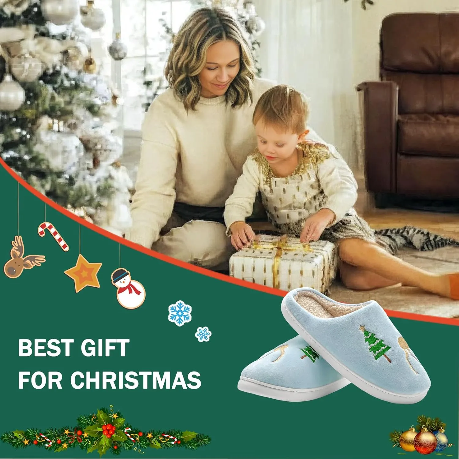Reindeer Slippers for Women & Men - Memory Foam, Fuzzy Indoor Comfy Holiday & Slippers