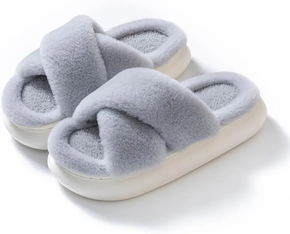 RErom Women Cross Band Faux Fur Fuzzy Slippers Plush Fluffy Furry Open Toe Slide Slipper Cozy Memory Foam Anti-Skid Sole Indoor Outdoor House Home Bedroom Slippers