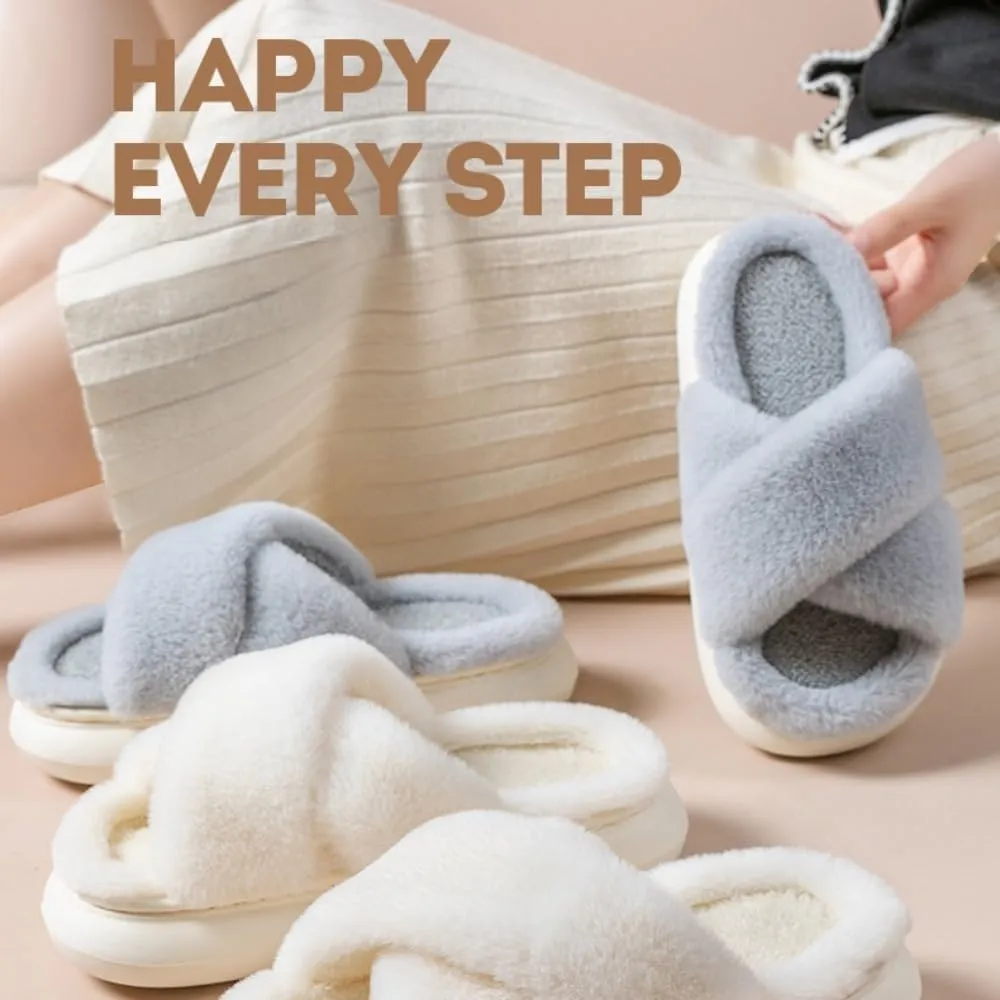 RErom Women Cross Band Faux Fur Fuzzy Slippers Plush Fluffy Furry Open Toe Slide Slipper Cozy Memory Foam Anti-Skid Sole Indoor Outdoor House Home Bedroom Slippers
