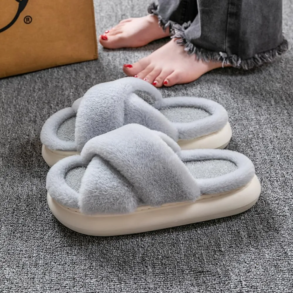 RErom Women Cross Band Faux Fur Fuzzy Slippers Plush Fluffy Furry Open Toe Slide Slipper Cozy Memory Foam Anti-Skid Sole Indoor Outdoor House Home Bedroom Slippers