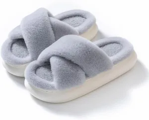 RErom Women Cross Band Faux Fur Fuzzy Slippers Plush Fluffy Furry Open Toe Slide Slipper Cozy Memory Foam Anti-Skid Sole Indoor Outdoor House Home Bedroom Slippers