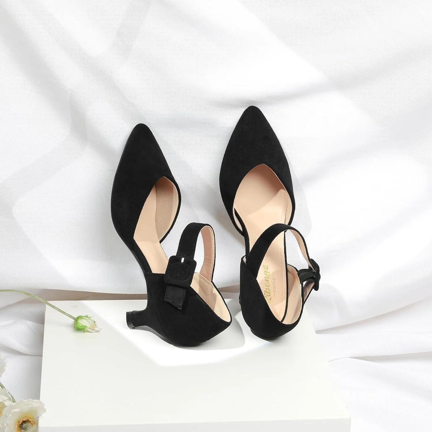 RIBONGZ Comfortable Kitten Heels for Women Pointed Closed Toe Ankle Strap Buckle Heels Slip on Low Heel Church Pumps Wedding Bridal Party Dressy Shoes