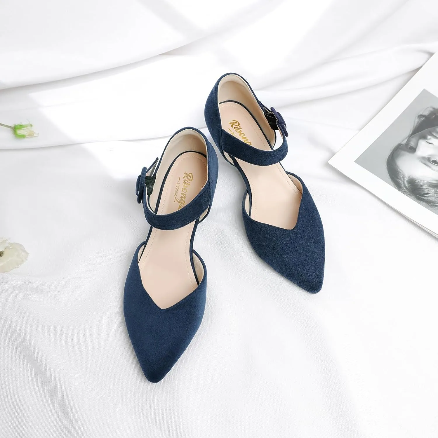 RIBONGZ Comfortable Kitten Heels for Women Pointed Closed Toe Ankle Strap Buckle Heels Slip on Low Heel Church Pumps Wedding Bridal Party Dressy Shoes