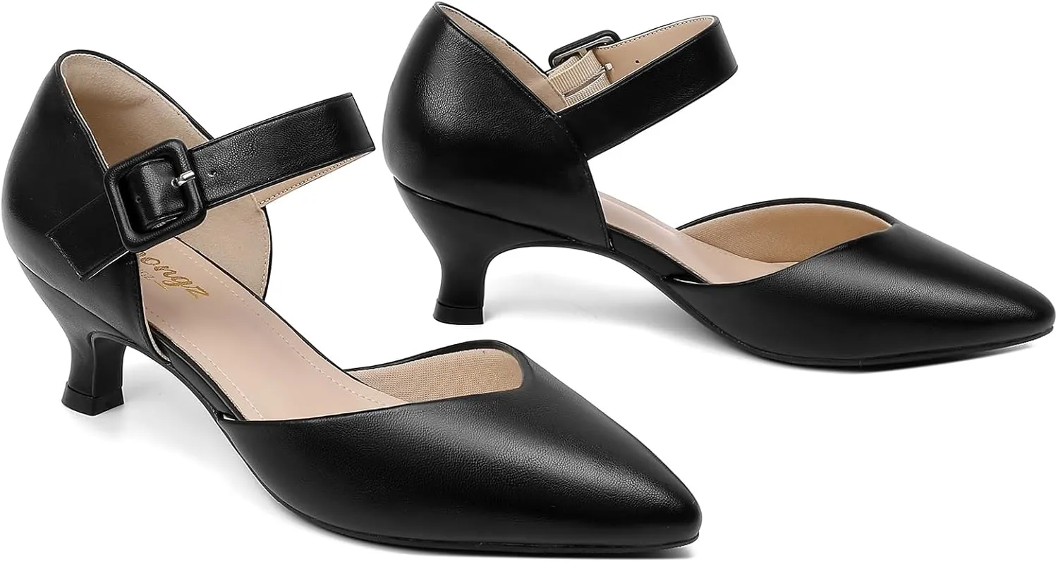 RIBONGZ Comfortable Kitten Heels for Women Pointed Closed Toe Ankle Strap Buckle Heels Slip on Low Heel Church Pumps Wedding Bridal Party Dressy Shoes