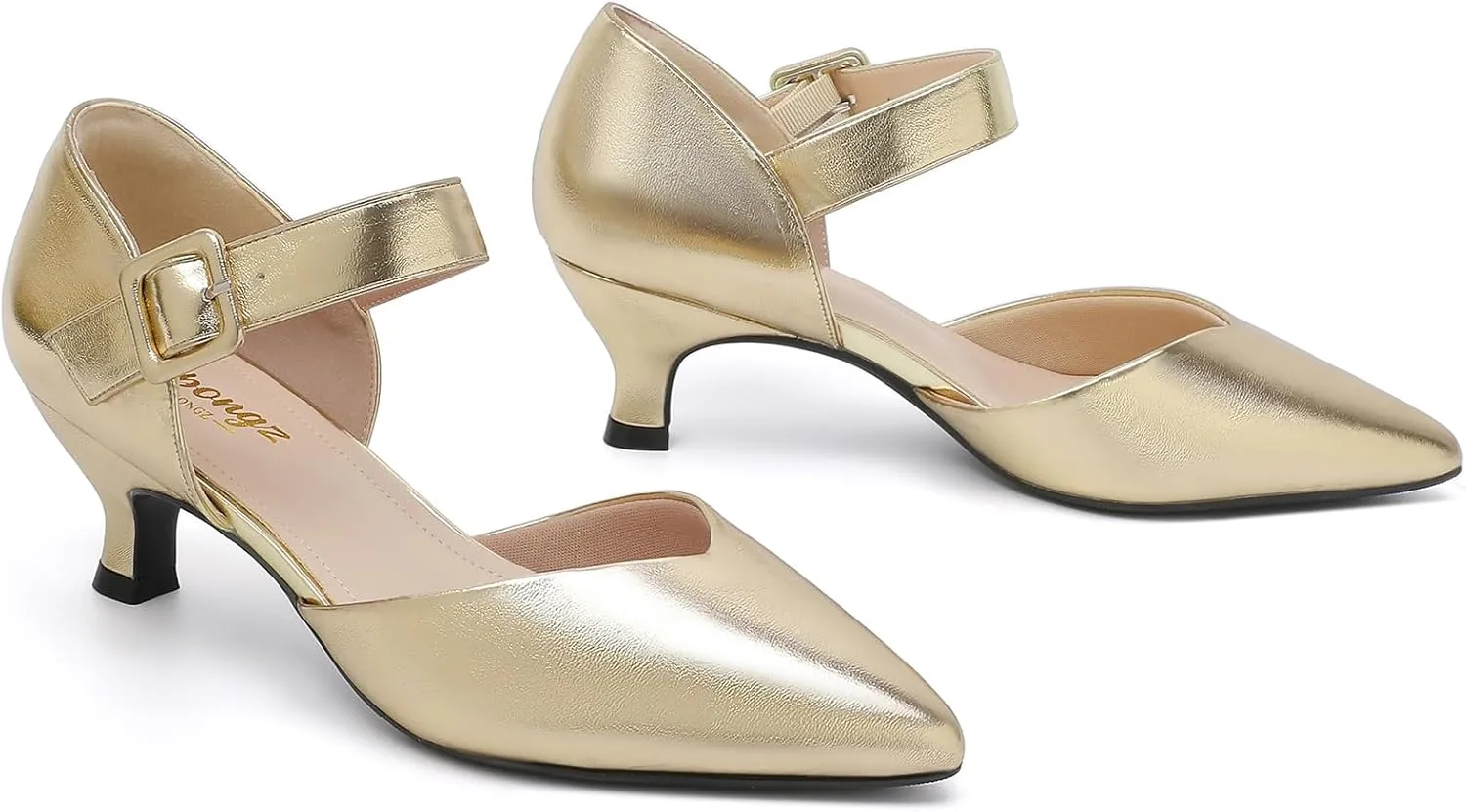 RIBONGZ Comfortable Kitten Heels for Women Pointed Closed Toe Ankle Strap Buckle Heels Slip on Low Heel Church Pumps Wedding Bridal Party Dressy Shoes