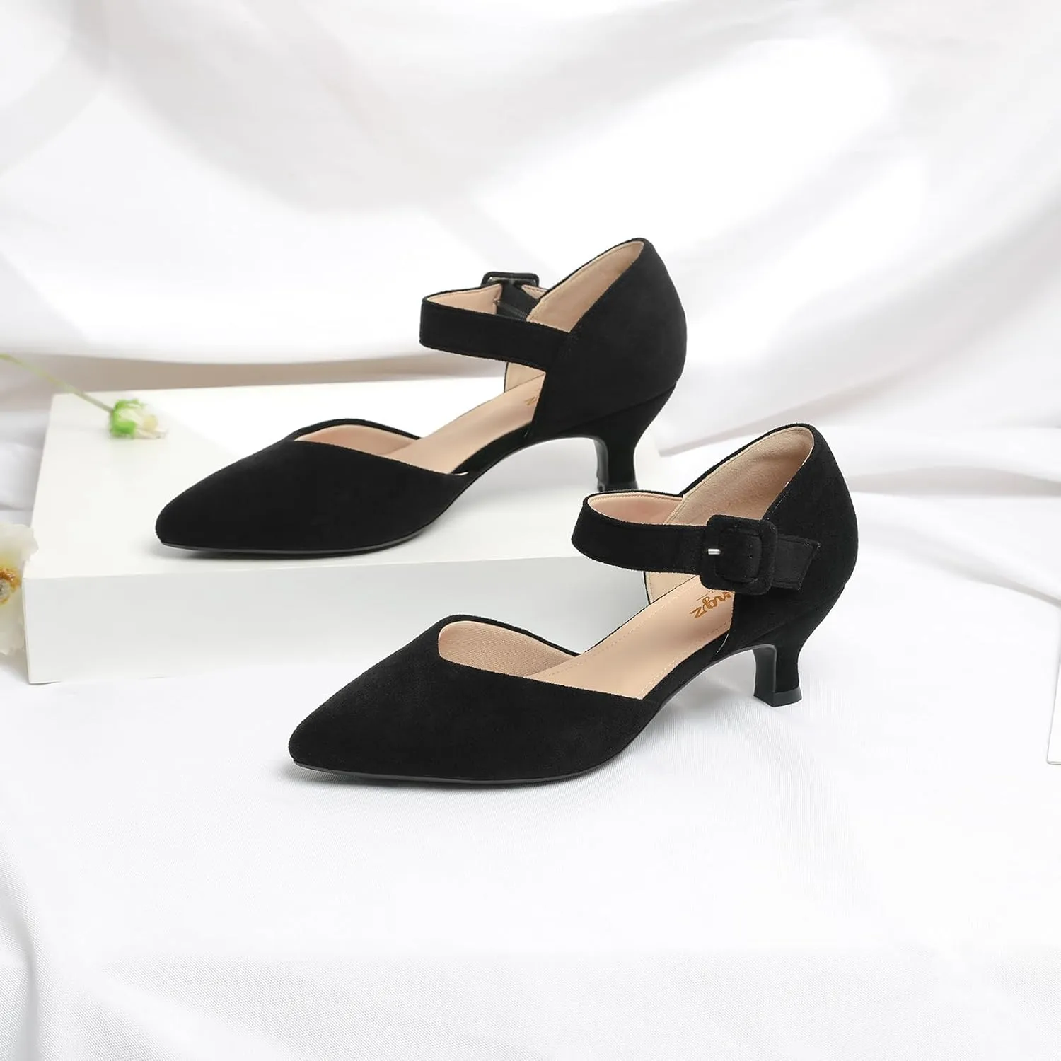 RIBONGZ Comfortable Kitten Heels for Women Pointed Closed Toe Ankle Strap Buckle Heels Slip on Low Heel Church Pumps Wedding Bridal Party Dressy Shoes