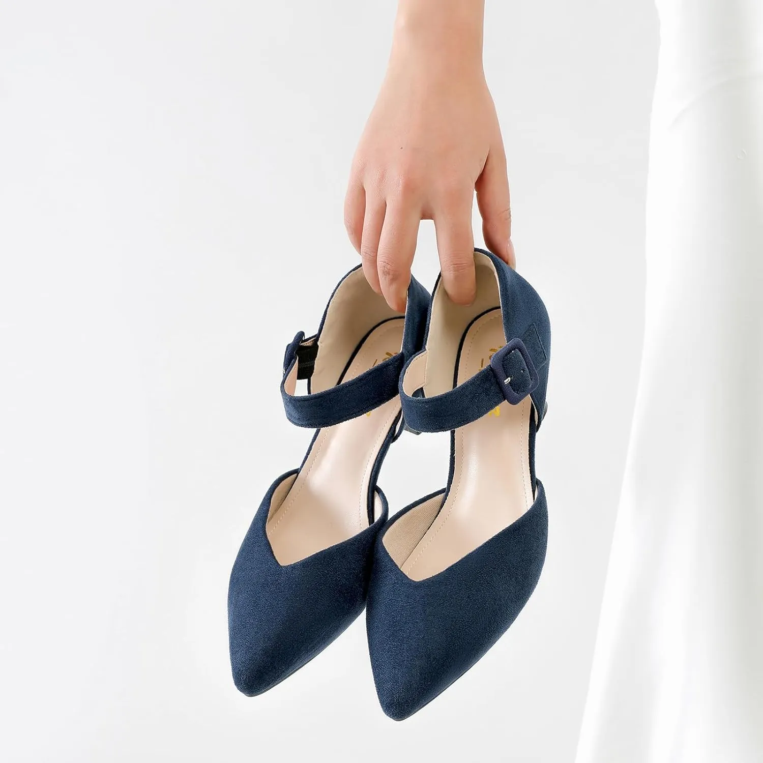 RIBONGZ Comfortable Kitten Heels for Women Pointed Closed Toe Ankle Strap Buckle Heels Slip on Low Heel Church Pumps Wedding Bridal Party Dressy Shoes
