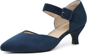 RIBONGZ Comfortable Kitten Heels for Women Pointed Closed Toe Ankle Strap Buckle Heels Slip on Low Heel Church Pumps Wedding Bridal Party Dressy Shoes