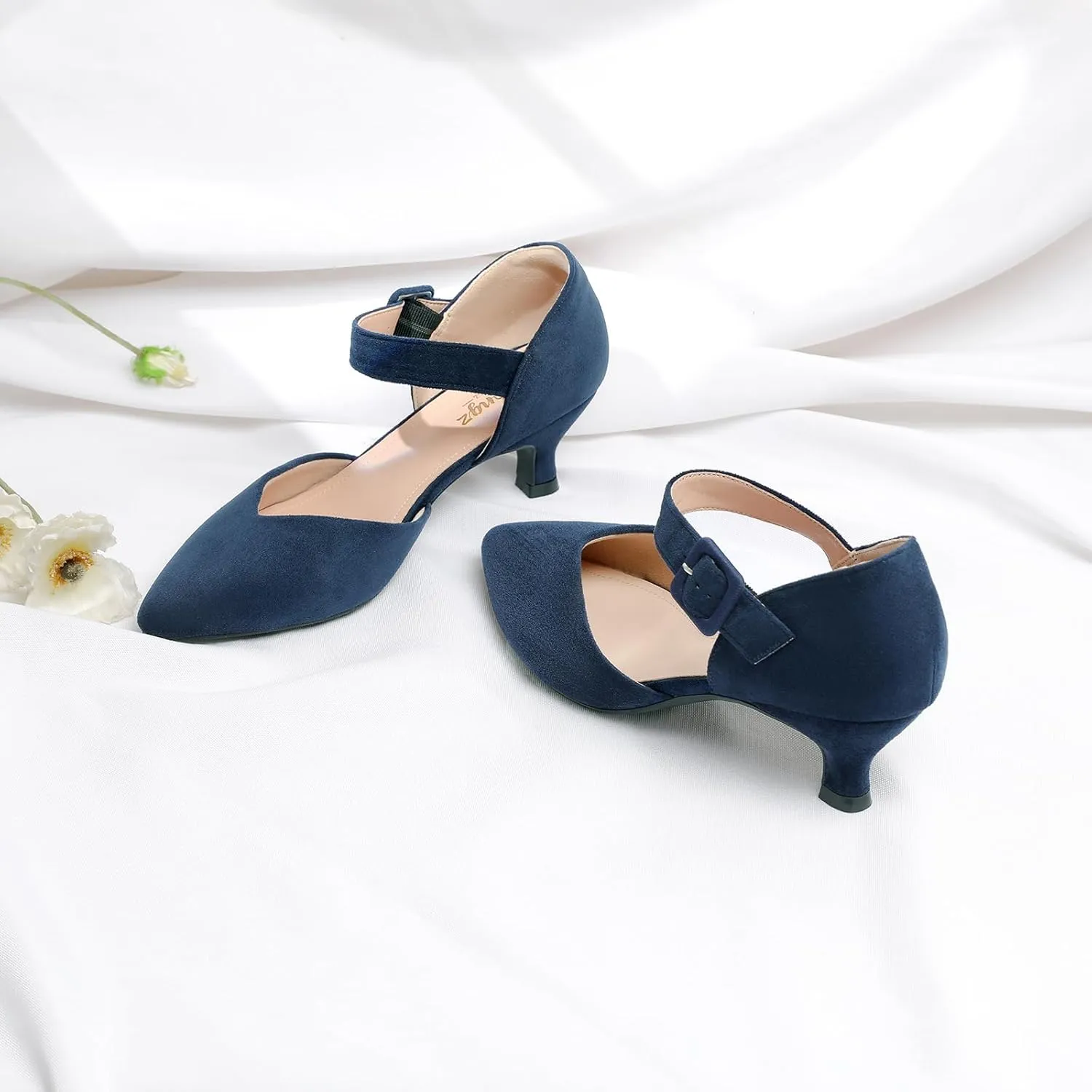 RIBONGZ Comfortable Kitten Heels for Women Pointed Closed Toe Ankle Strap Buckle Heels Slip on Low Heel Church Pumps Wedding Bridal Party Dressy Shoes