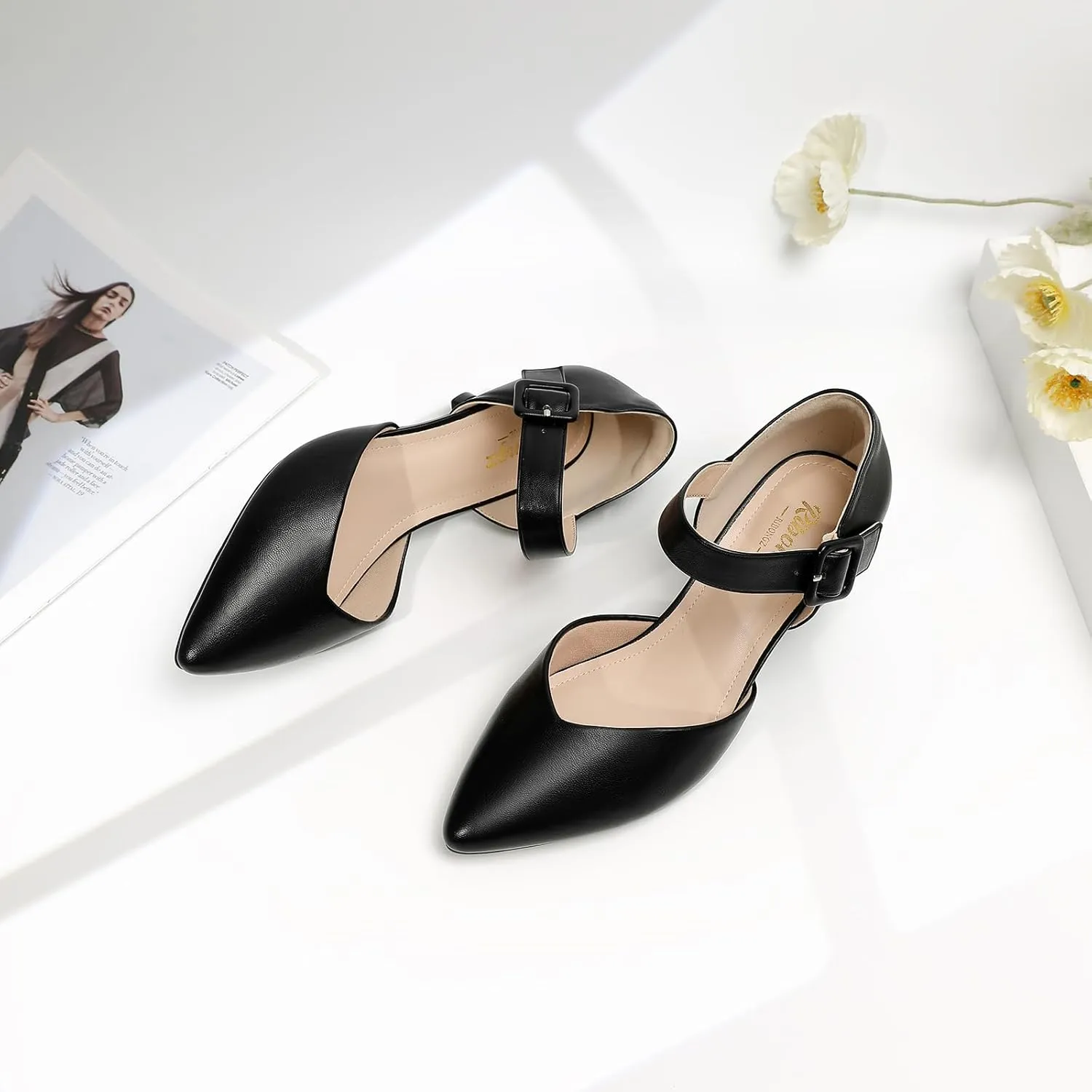 RIBONGZ Comfortable Kitten Heels for Women Pointed Closed Toe Ankle Strap Buckle Heels Slip on Low Heel Church Pumps Wedding Bridal Party Dressy Shoes