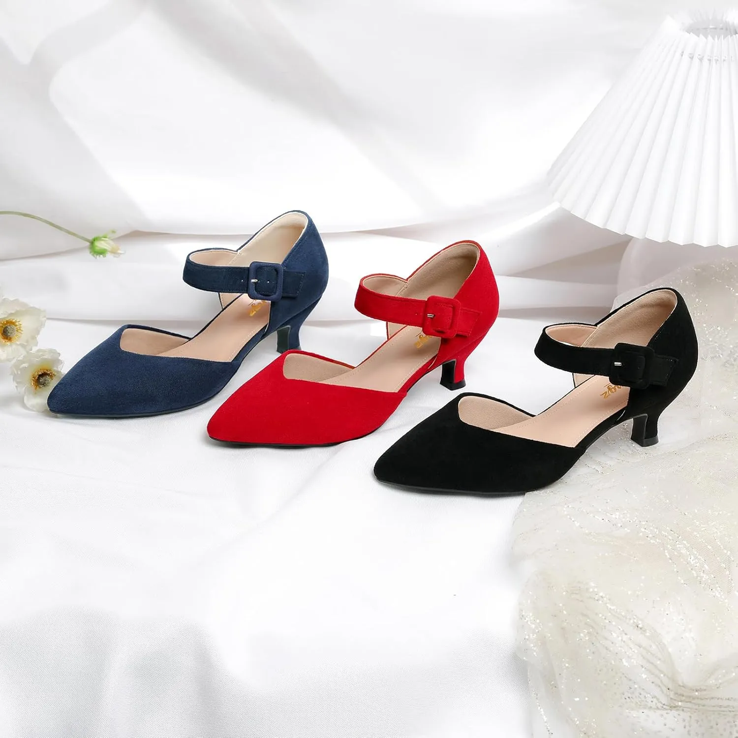 RIBONGZ Comfortable Kitten Heels for Women Pointed Closed Toe Ankle Strap Buckle Heels Slip on Low Heel Church Pumps Wedding Bridal Party Dressy Shoes