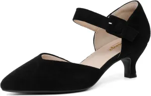 RIBONGZ Comfortable Kitten Heels for Women Pointed Closed Toe Ankle Strap Buckle Heels Slip on Low Heel Church Pumps Wedding Bridal Party Dressy Shoes