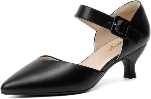 RIBONGZ Comfortable Kitten Heels for Women Pointed Closed Toe Ankle Strap Buckle Heels Slip on Low Heel Church Pumps Wedding Bridal Party Dressy Shoes