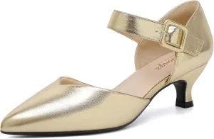 RIBONGZ Comfortable Kitten Heels for Women Pointed Closed Toe Ankle Strap Buckle Heels Slip on Low Heel Church Pumps Wedding Bridal Party Dressy Shoes