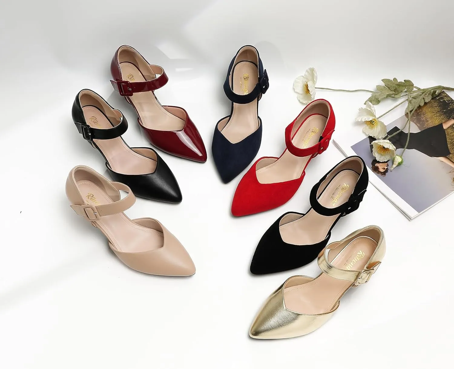 RIBONGZ Comfortable Kitten Heels for Women Pointed Closed Toe Ankle Strap Buckle Heels Slip on Low Heel Church Pumps Wedding Bridal Party Dressy Shoes