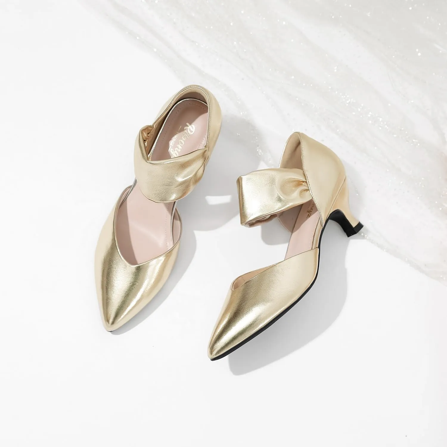RIBONGZ Kitten Heels for Women Closed Toe Comfortable Low Heels Pointed Toe Sexy Slip on Pumps Bridal Party Dressy Shoes