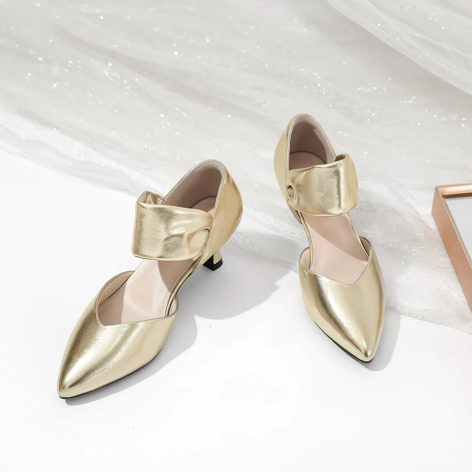 RIBONGZ Kitten Heels for Women Closed Toe Comfortable Low Heels Pointed Toe Sexy Slip on Pumps Bridal Party Dressy Shoes