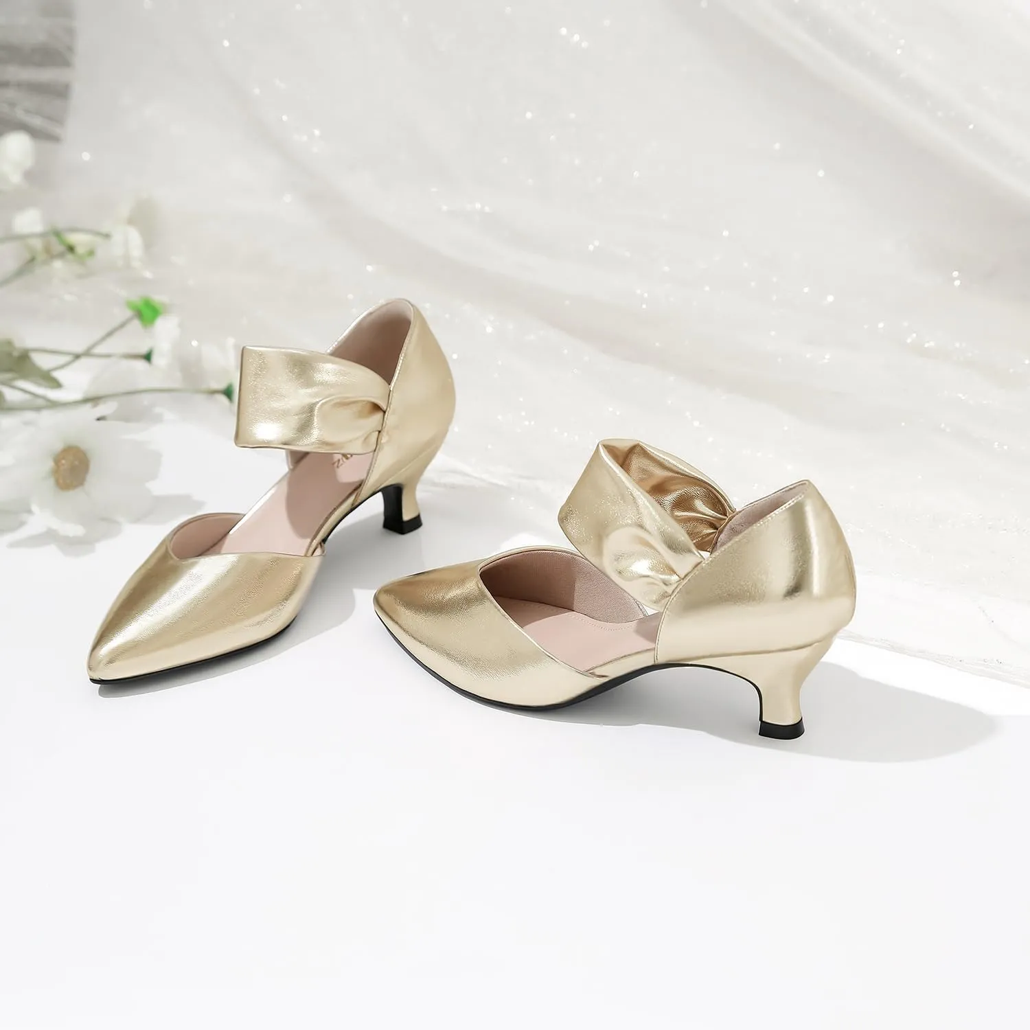 RIBONGZ Kitten Heels for Women Closed Toe Comfortable Low Heels Pointed Toe Sexy Slip on Pumps Bridal Party Dressy Shoes