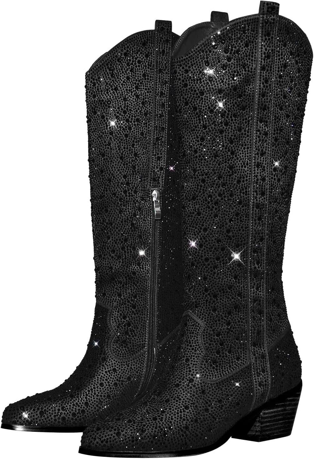 richealnini Sparkle Rhinestone Cowgirl Cowboy Boots for Women Pull On Diamante Heeled Bootes
