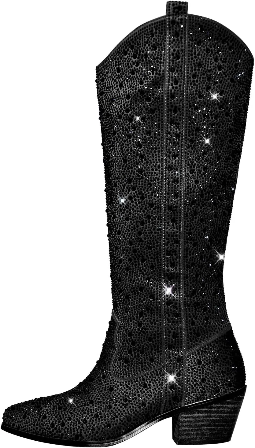 richealnini Sparkle Rhinestone Cowgirl Cowboy Boots for Women Pull On Diamante Heeled Bootes