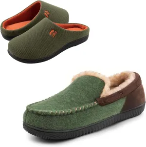 RockDove Set of 2 Pairs, Men's Original Two-Tone Memory Foam Slipper (Size 10.5, Hunter Green) Men's Hearthfire Memory Foam Moc Slipper (Size 11, Emerald)