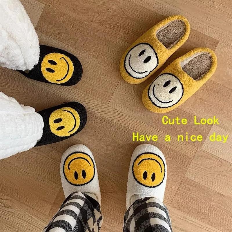 rosyclo Smile Face Slippers, Women's Retro Soft Cute Indoor Outdoor Happy Face Shoes, Cozy Trendy Plush Comfy Warm Fluffy Slip-on Home Slipper for Women Men