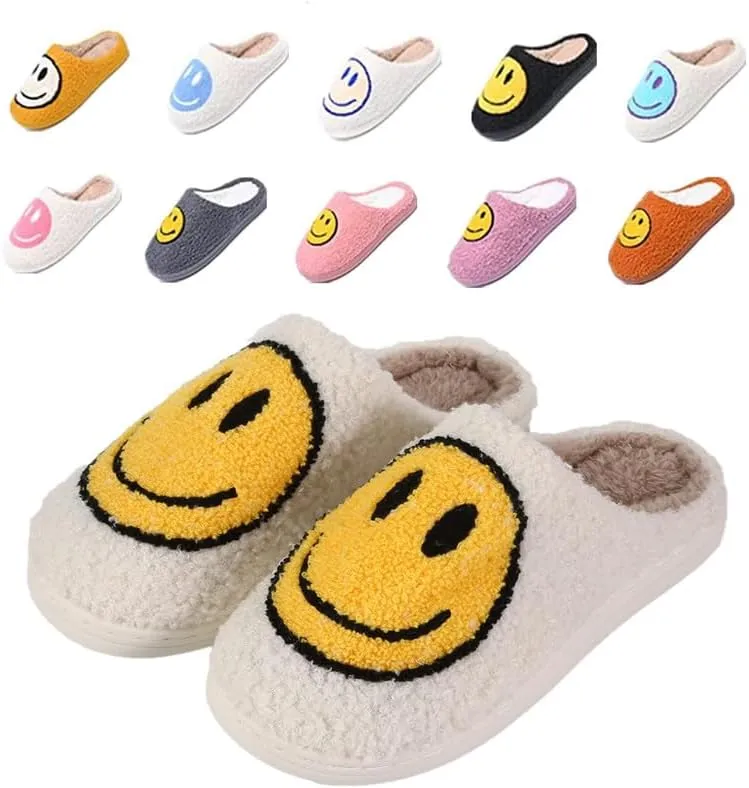 rosyclo Smile Face Slippers, Women's Retro Soft Cute Indoor Outdoor Happy Face Shoes, Cozy Trendy Plush Comfy Warm Fluffy Slip-on Home Slipper for Women Men