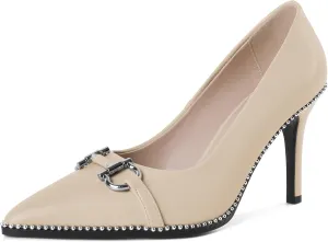 SAMMITOP Women Beaded Pumps Closed Pointed Toe High Heel Buckle Bow Slip On Stilettos 3.5 Inch Sexy Heeled Dress Shoes
