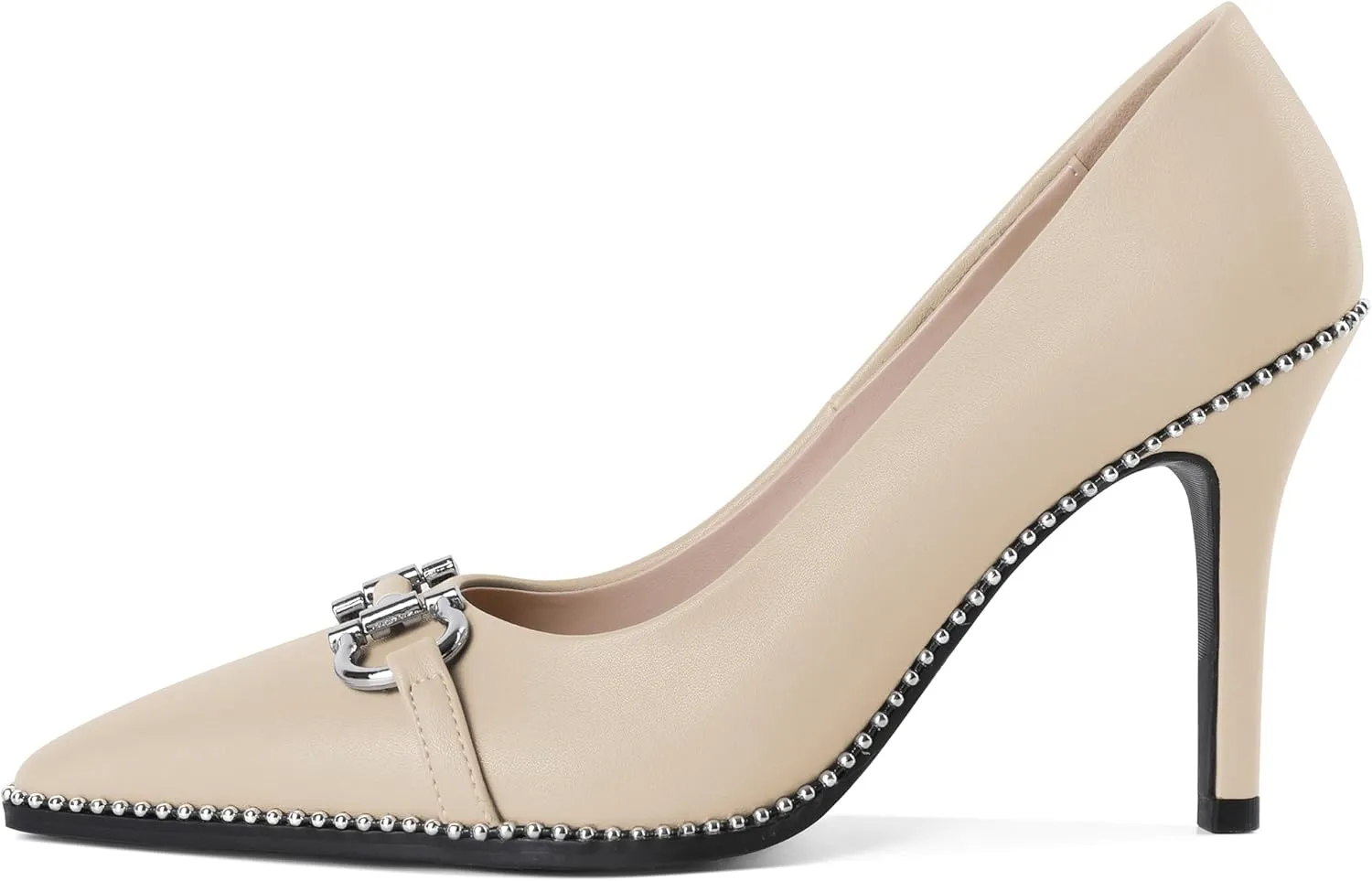 SAMMITOP Women Beaded Pumps Closed Pointed Toe High Heel Buckle Bow Slip On Stilettos 3.5 Inch Sexy Heeled Dress Shoes