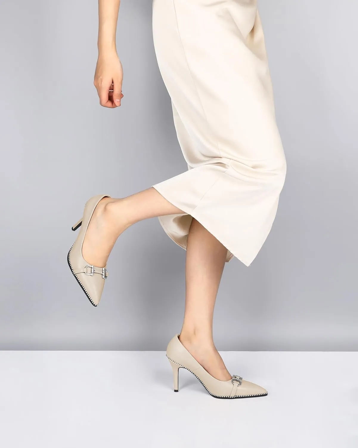 SAMMITOP Women Beaded Pumps Closed Pointed Toe High Heel Buckle Bow Slip On Stilettos 3.5 Inch Sexy Heeled Dress Shoes