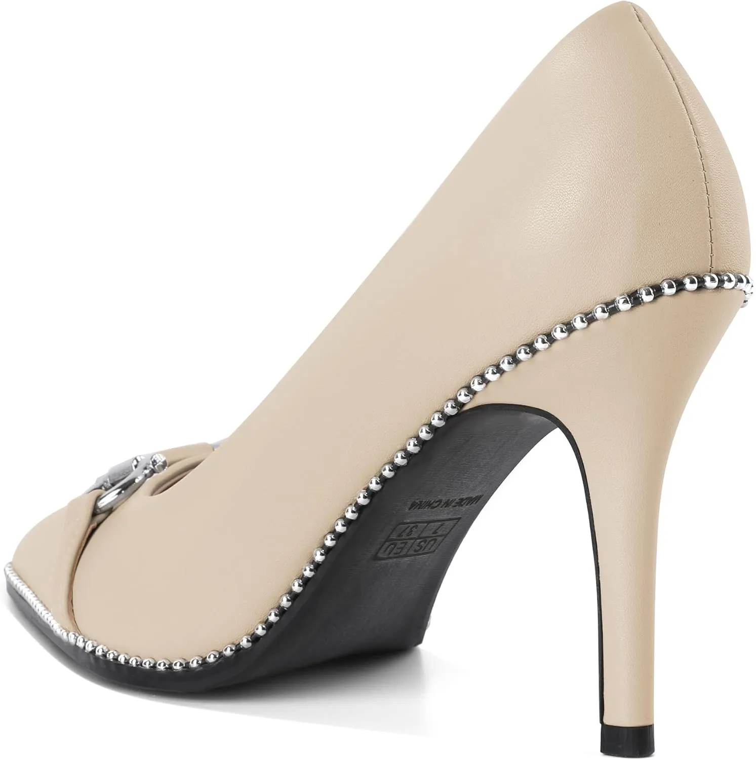 SAMMITOP Women Beaded Pumps Closed Pointed Toe High Heel Buckle Bow Slip On Stilettos 3.5 Inch Sexy Heeled Dress Shoes