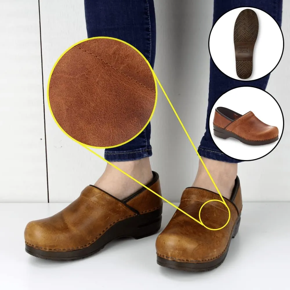Sanita Errol Professional Clogs for Women - Distressed Leather, Arch Support, Closed-Back, APMA-Approved Slip-On Shoes - Cognac, Women