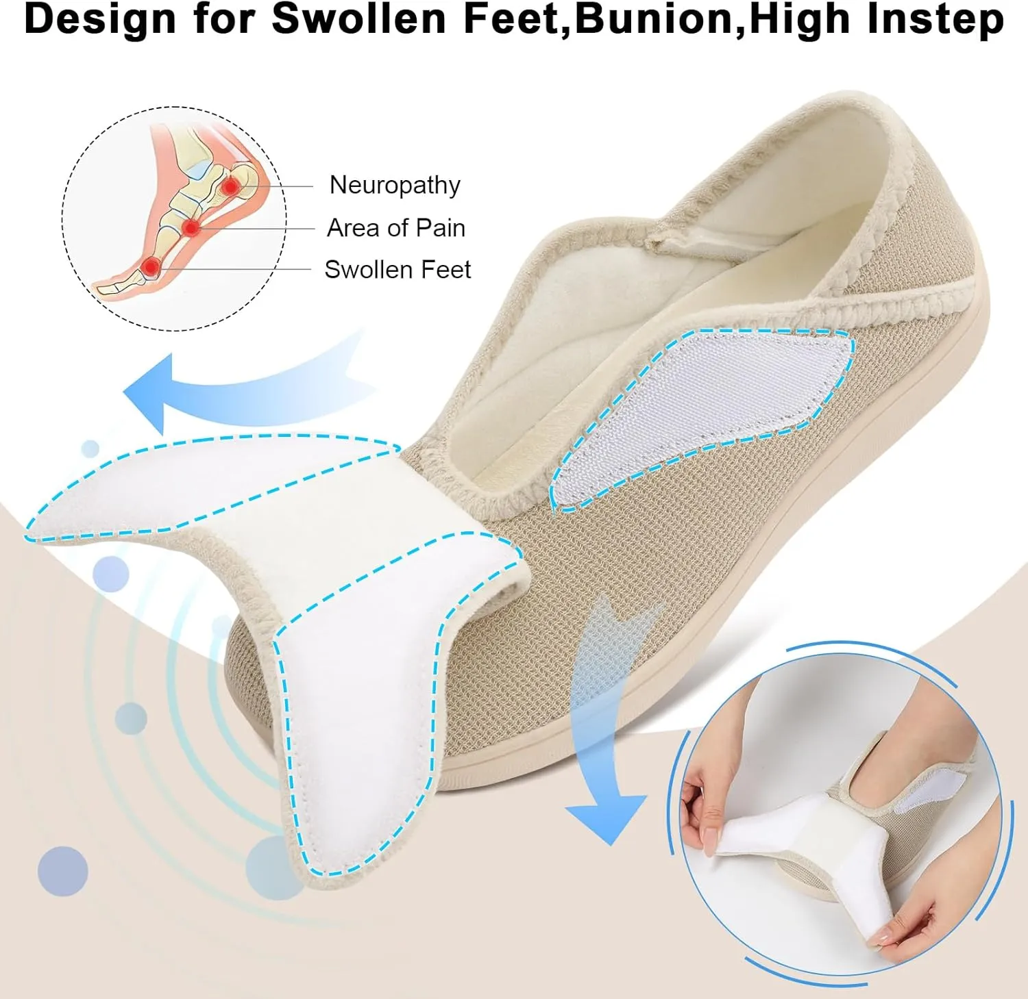Scurtain Womens Slippers Comfy Wide Diabetic Slippers Adjustable Walking Shoes Neuropathy Orthopedic Recovery House Shoes