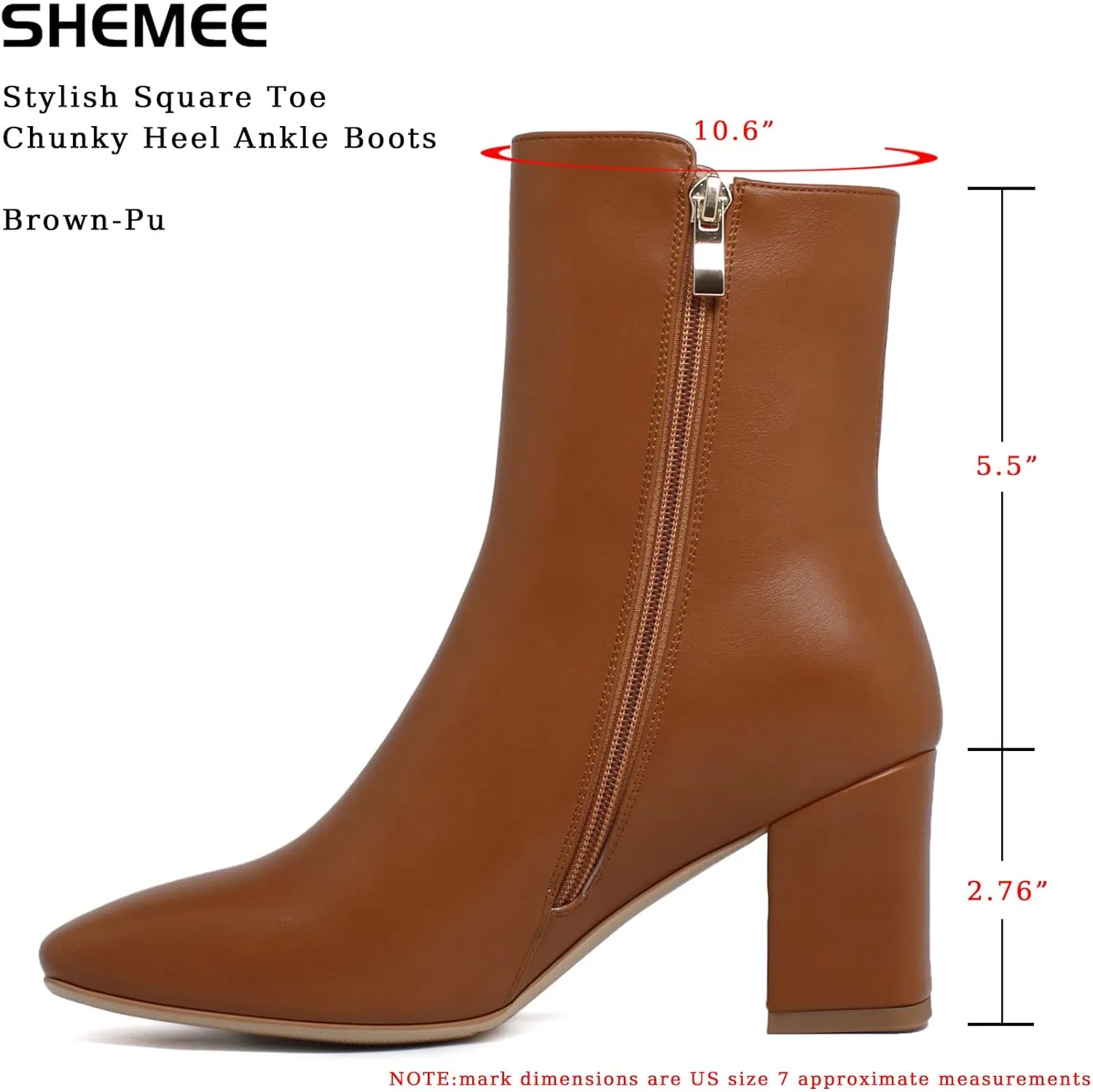 SHEMEE Women's Square Toe Block Heels Booties Chunky High Heeled Side Zipper Ankle Boots Shoes