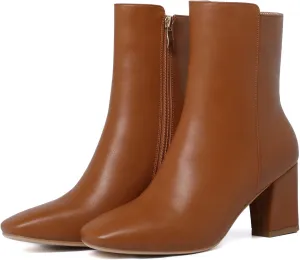 SHEMEE Women's Square Toe Block Heels Booties Chunky High Heeled Side Zipper Ankle Boots Shoes