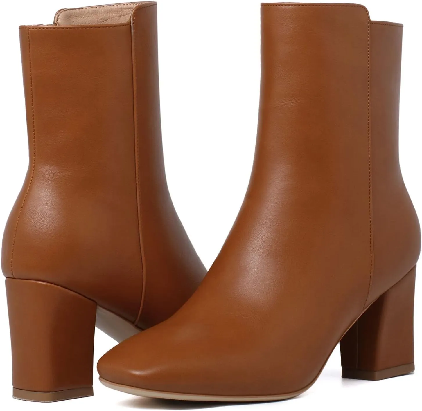 SHEMEE Women's Square Toe Block Heels Booties Chunky High Heeled Side Zipper Ankle Boots Shoes