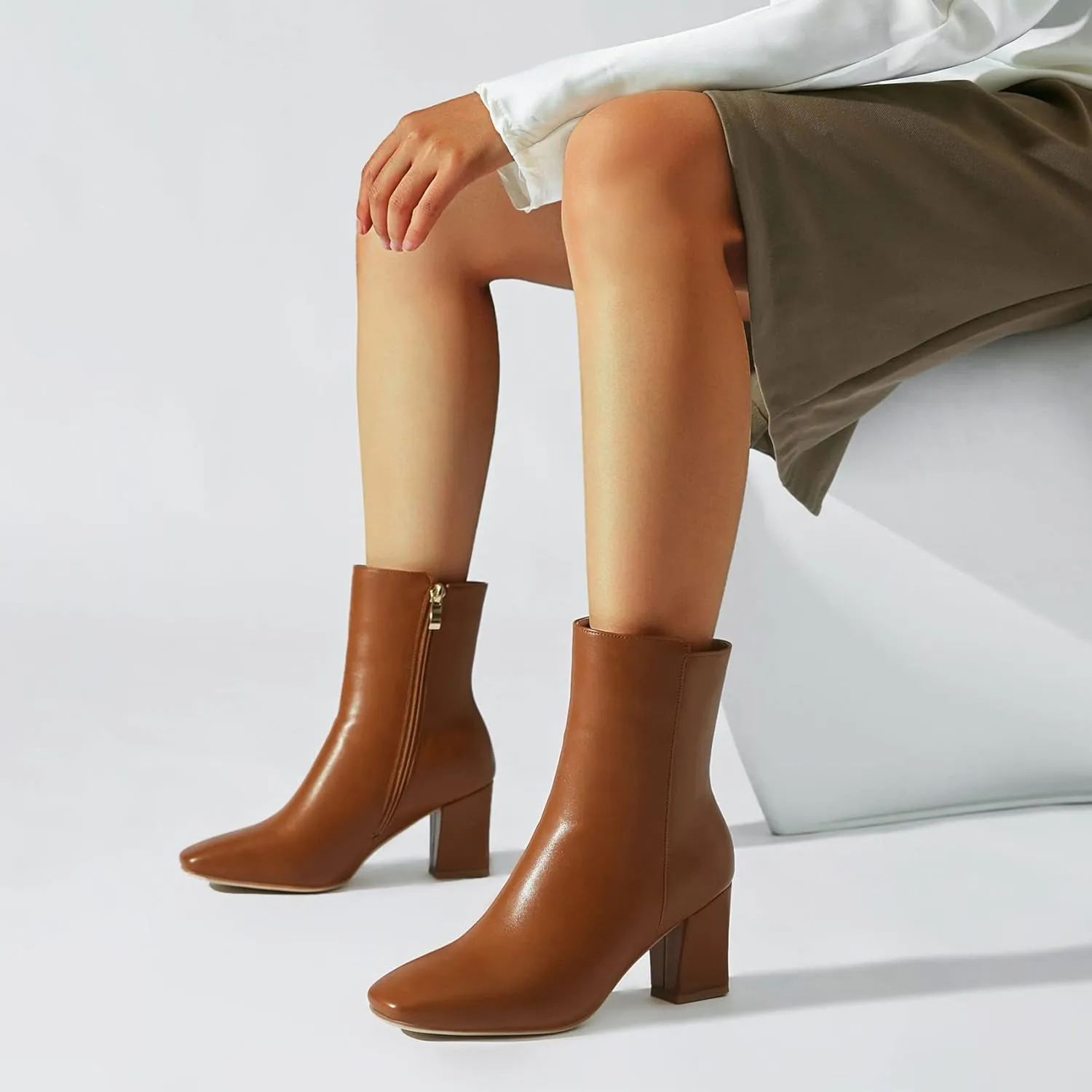SHEMEE Women's Square Toe Block Heels Booties Chunky High Heeled Side Zipper Ankle Boots Shoes