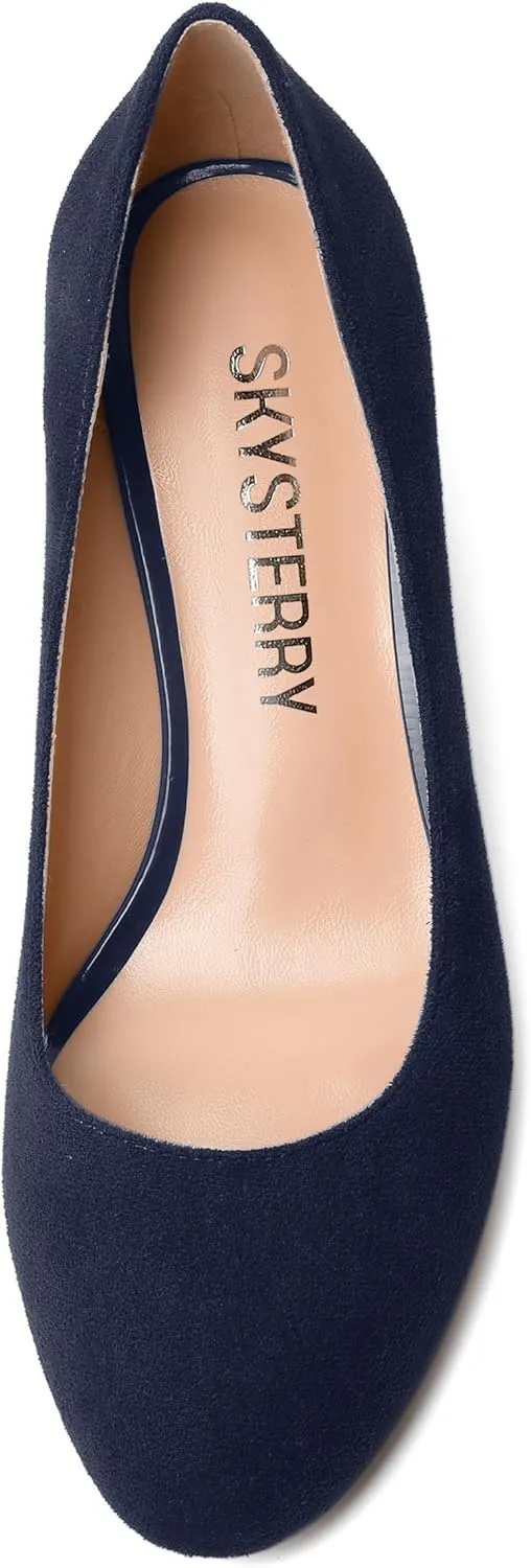 SKYSTERRY Womens Dating Cute Suede Round Toe Slip On Chunky Low Heel Pumps Shoes 2 Inch