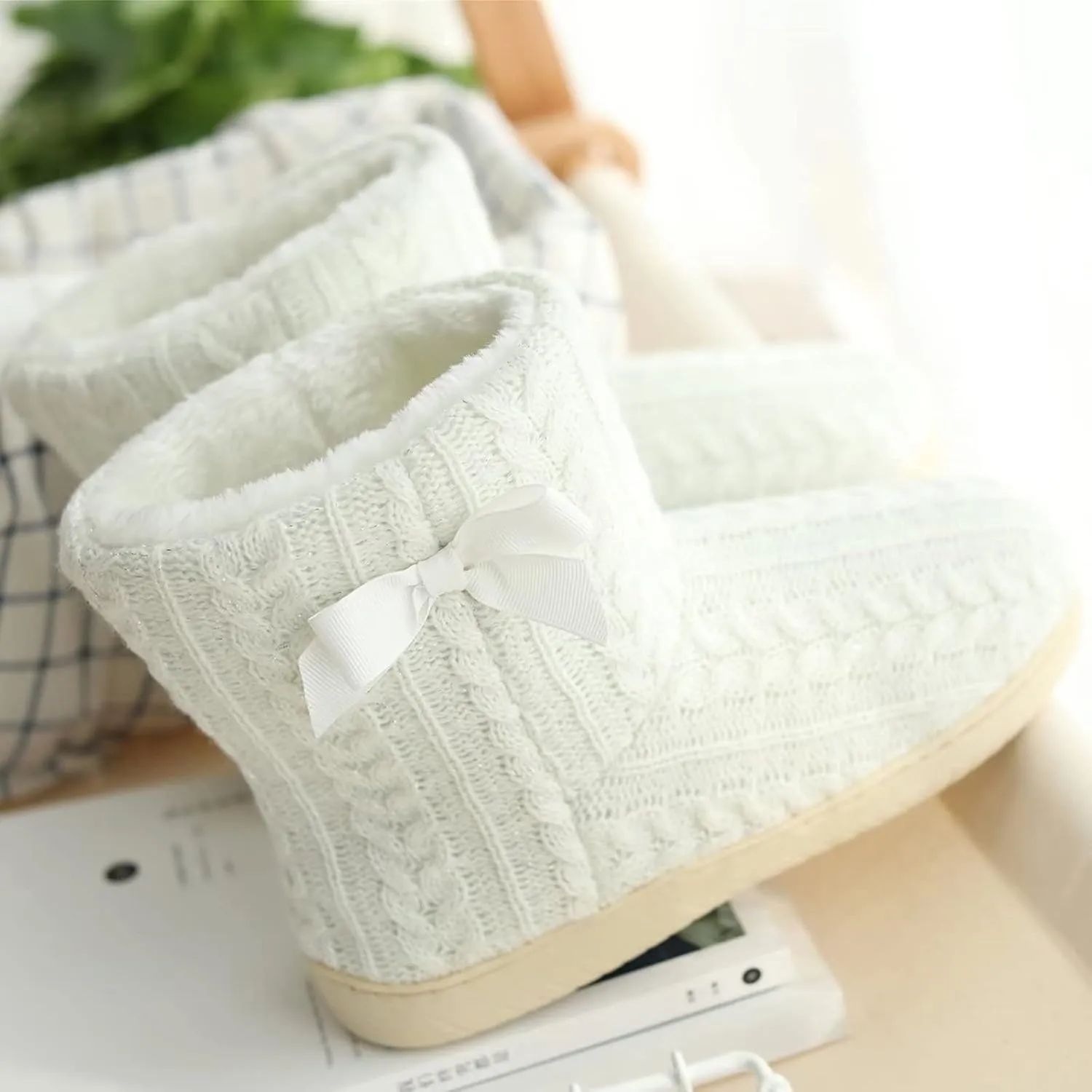 Slipper Boots Women Knit Plush Lining Winter House Shoes Memory Foam Indoor Outdoor