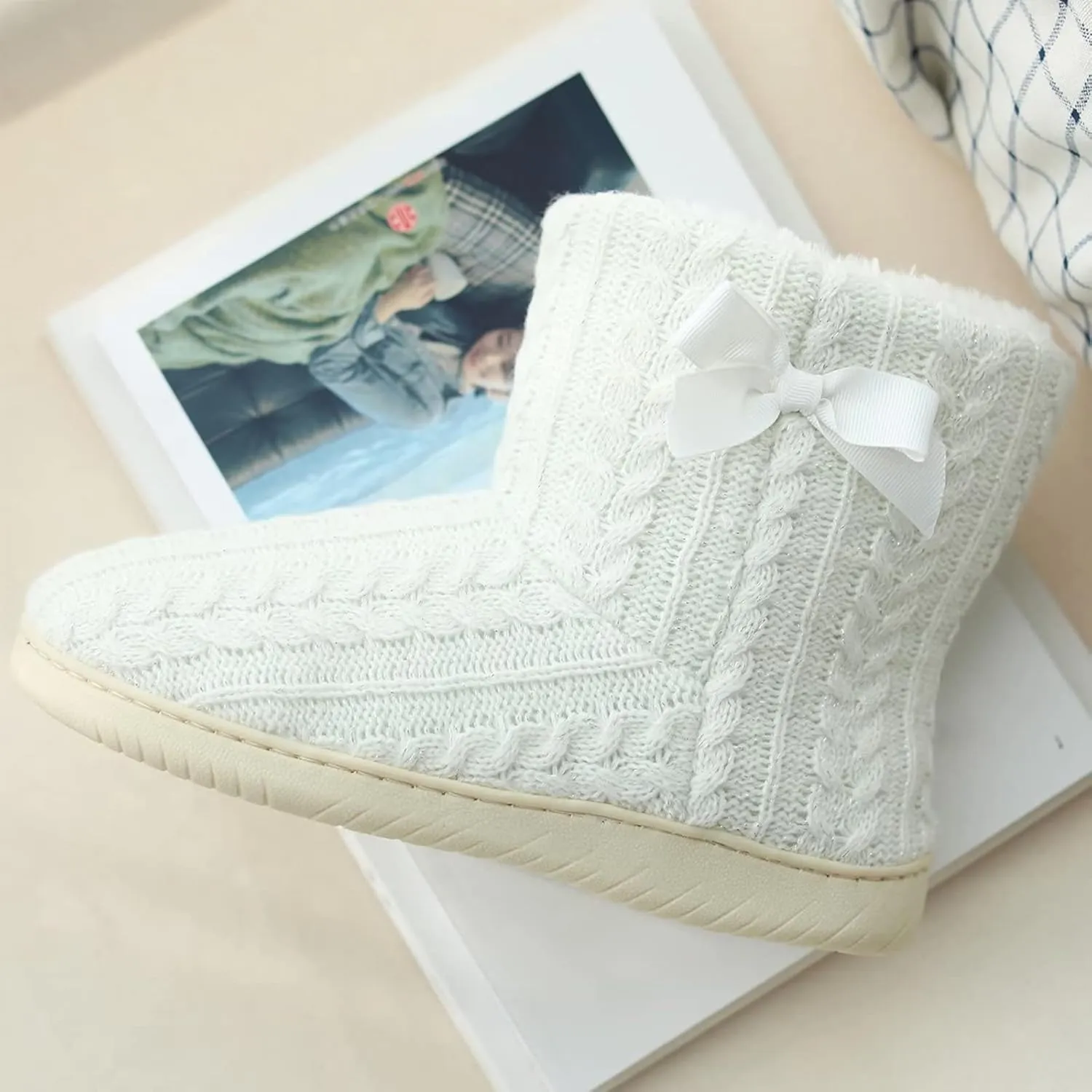 Slipper Boots Women Knit Plush Lining Winter House Shoes Memory Foam Indoor Outdoor