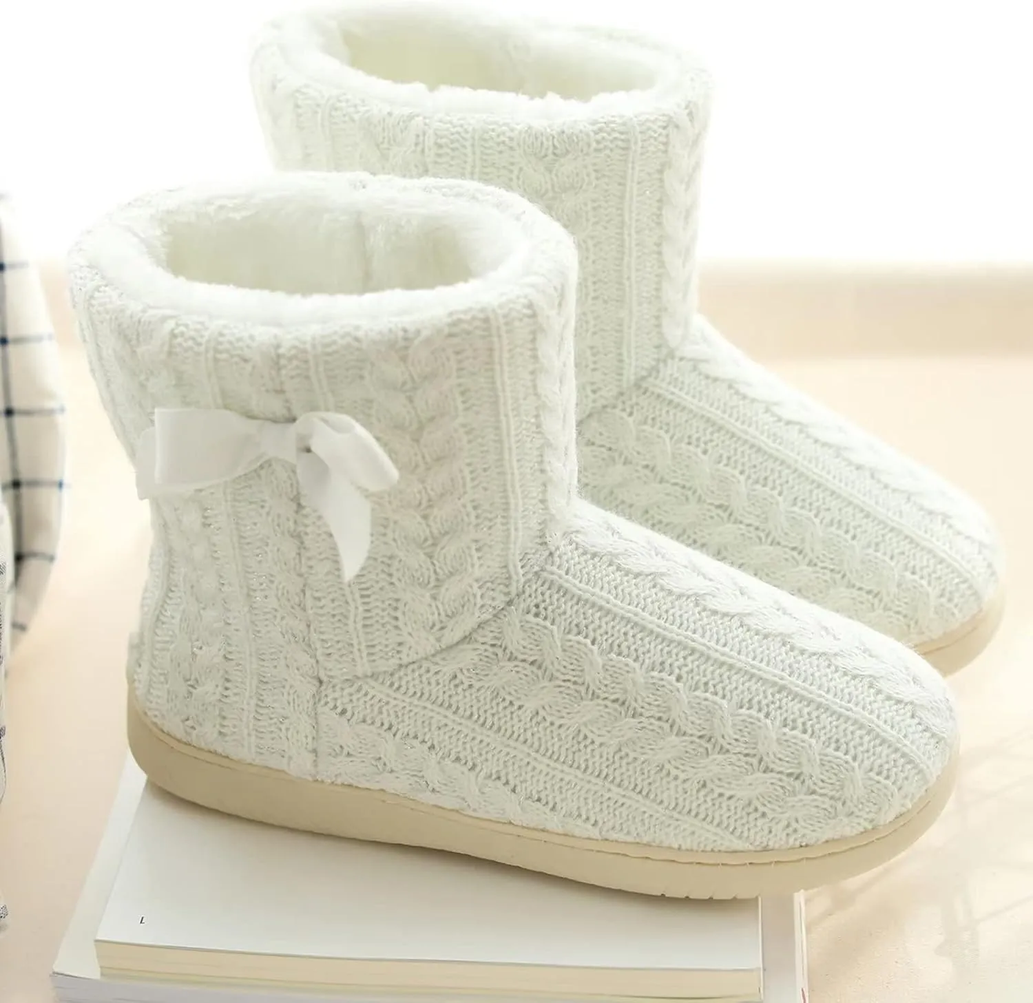 Slipper Boots Women Knit Plush Lining Winter House Shoes Memory Foam Indoor Outdoor