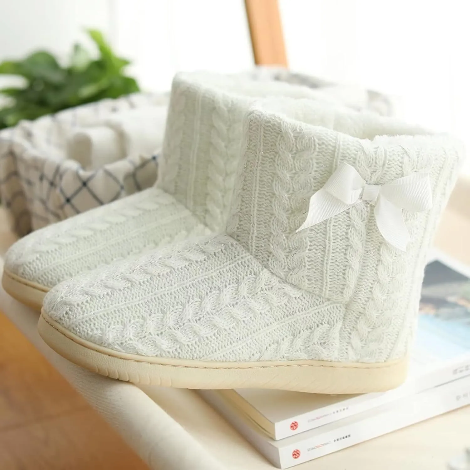 Slipper Boots Women Knit Plush Lining Winter House Shoes Memory Foam Indoor Outdoor