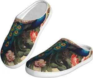 Slippers for Women Men Cotton Slippers Peacock and Flowers Plush Shoes Non-slip TPR Slippers