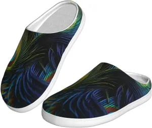 Slippers for Women Men Cotton Slippers Peacock Feather Pattern Plush Shoes Non-slip TPR Slippers