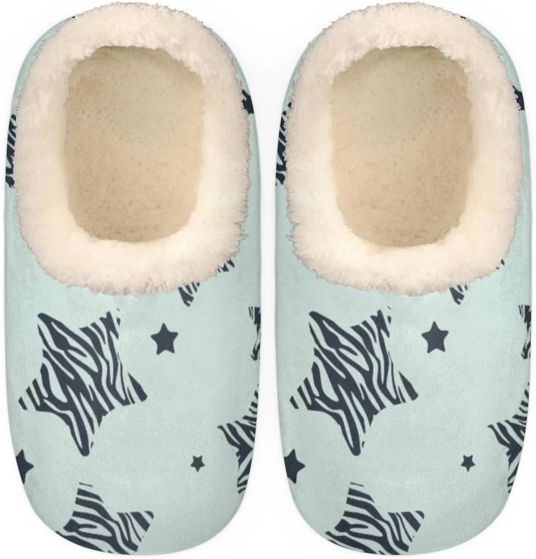 Star Zebra Stripe Women's Slippers, Five-Pointed Star Non-Slip House Slipper Socks, Plush Lined Slippers Shoes for Girls Boys Teens Indoor Bedroom