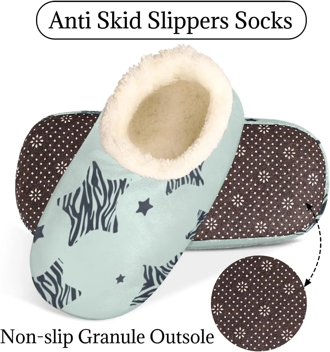 Star Zebra Stripe Women's Slippers, Five-Pointed Star Non-Slip House Slipper Socks, Plush Lined Slippers Shoes for Girls Boys Teens Indoor Bedroom