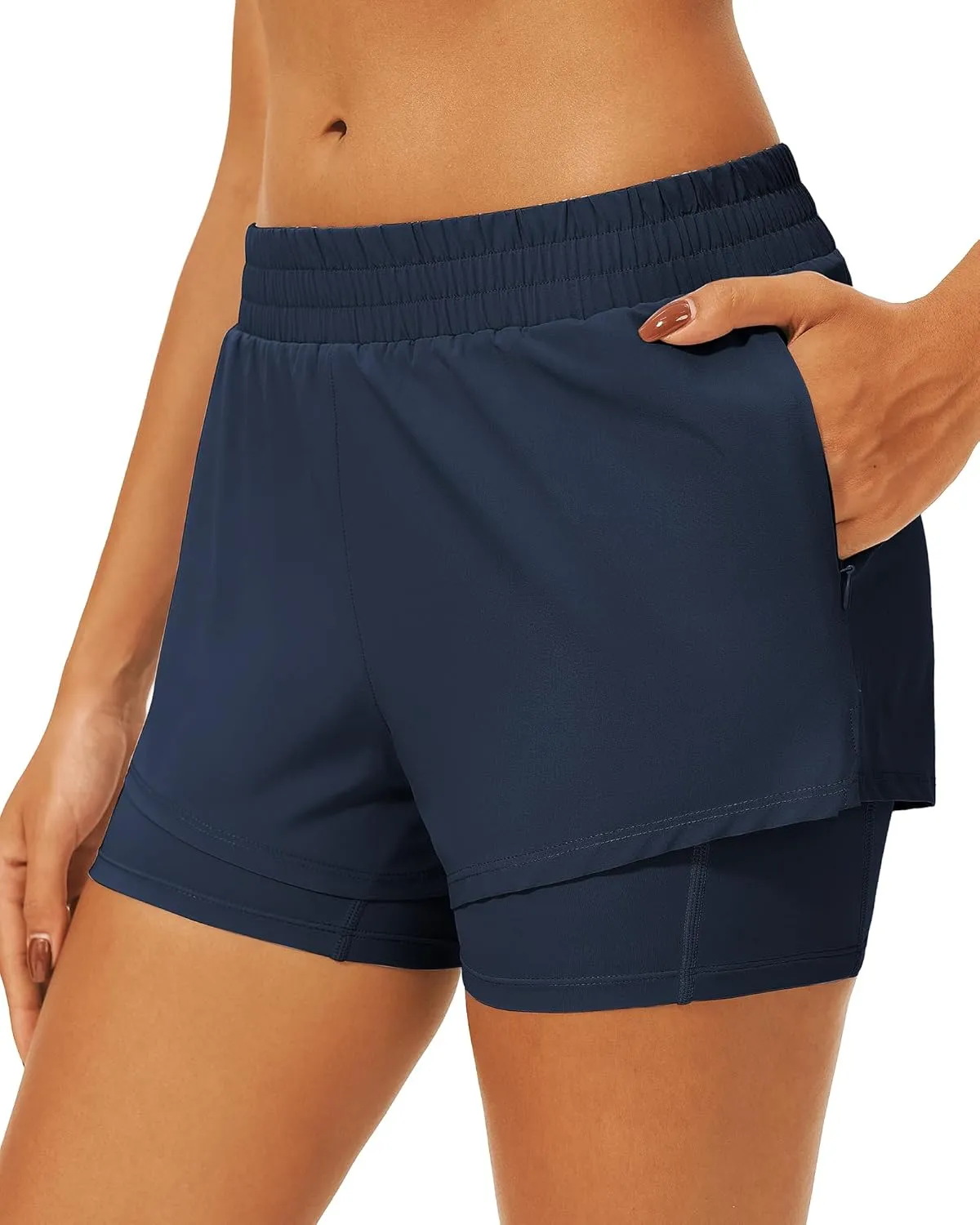 Stelle Women's 2 in 1 Running Shorts Athletic Workout Gym Shorts High Waisted Shorts with Liner Zipper Pockets